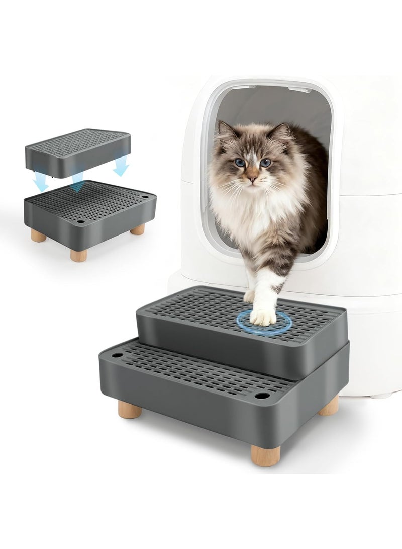 Meetion Elevated Cat Ramp for Litter Box, 2 Steps Cat Pedal Step Stool with Wooden Base, Detachable Double Layered Cats Litter Trapper, Suitable for Small&Elderly Cats, Non-Slip(Dark Grey) - Image 1